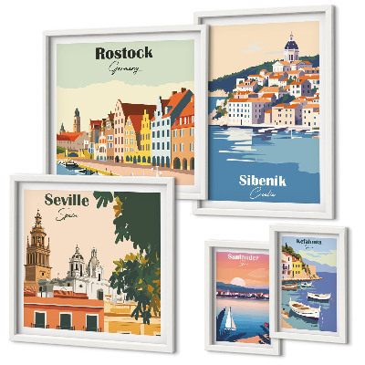 5 paveikslų rinkinys su rėmais Pakrančių miestų kraštovaizdžiai