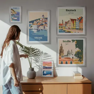 Pakrančių miestų kraštovaizdžiai 5 paveikslų rinkinys su rėmais