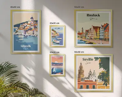 Pakrančių miestų kraštovaizdžiai 5 paveikslų rinkinys su rėmais