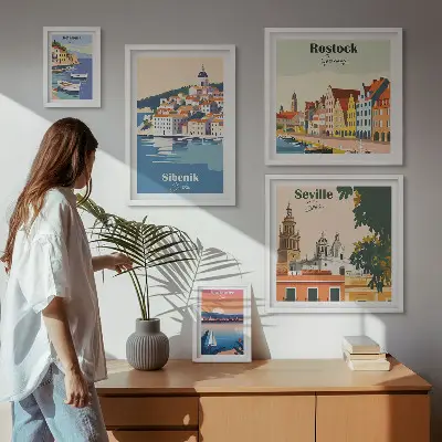 Pakrančių miestų kraštovaizdžiai 5 paveikslų rinkinys su rėmais