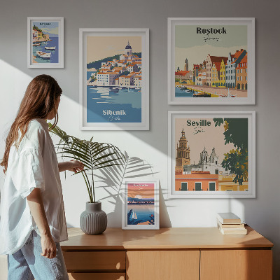 5 paveikslų rinkinys su rėmais Pakrančių miestų kraštovaizdžiai