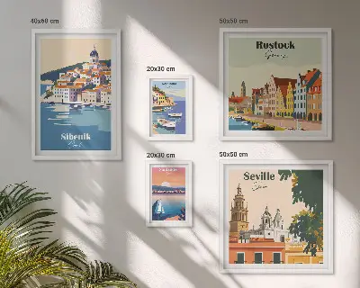 Pakrančių miestų kraštovaizdžiai 5 paveikslų rinkinys su rėmais