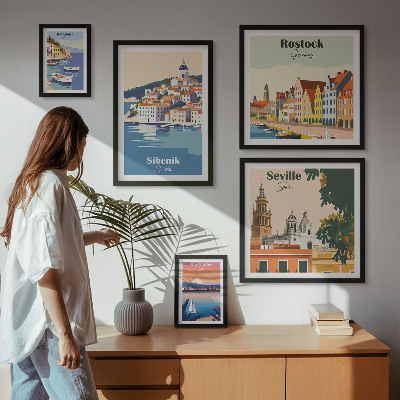 5 paveikslų rinkinys su rėmais Pakrančių miestų kraštovaizdžiai