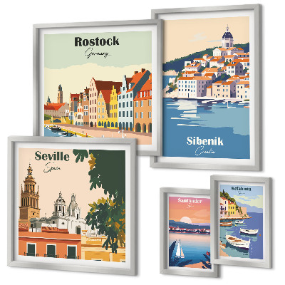5 paveikslų rinkinys su rėmais Pakrančių miestų kraštovaizdžiai