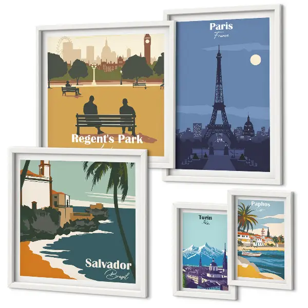 5 paveikslų rinkinys su rėmais Europos retro stiliaus miestų ikonos