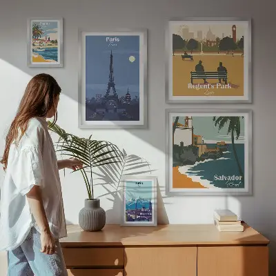 5 paveikslų rinkinys su rėmais Europos retro stiliaus miestų ikonos