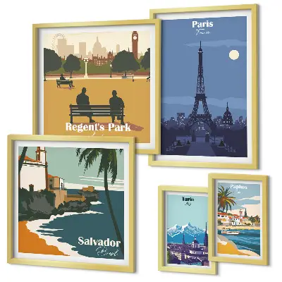 5 paveikslų rinkinys su rėmais Europos retro stiliaus miestų ikonos