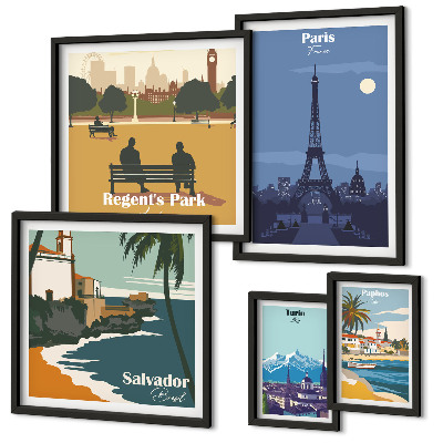 5 paveikslų rinkinys su rėmais Europos retro ikonų miestai