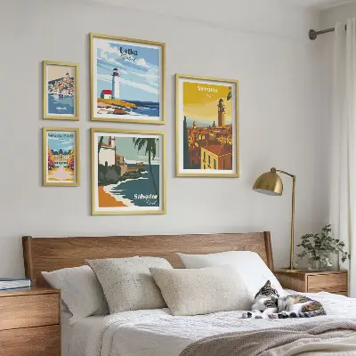 5 paveikslų rinkinys miesto peizažai su žibintais ir rėmais