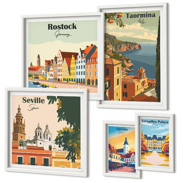 5 paveikslų rinkinys su rėmais Europos miestų kraštovaizdžiai