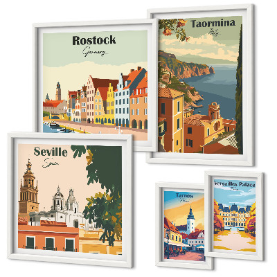 5 paveikslų rinkinys su rėmais Europos miestų kraštovaizdžiai