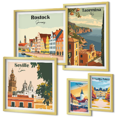 5 paveikslų rinkinys su rėmais Europos miestų kraštovaizdžiai