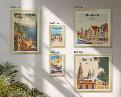 Europos miestų kraštovaizdžiai 5 paveikslų rinkinys su rėmais