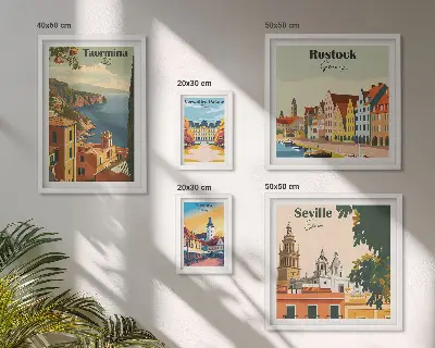 Europos miestų kraštovaizdžiai 5 paveikslų rinkinys su rėmais