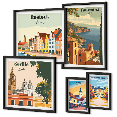 5 paveikslų rinkinys su rėmais Europos miestų kraštovaizdžiai