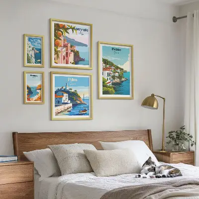 Graikijos salų kraštovaizdžių paveikslai 5 dalių rinkinys su rėmais