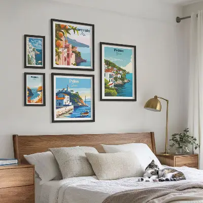 Graikijos salų kraštovaizdžių paveikslai 5 dalių rinkinys su rėmais