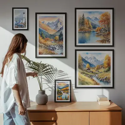 Sieninė paveikslų galerija kalnų upės švyturio motyvas