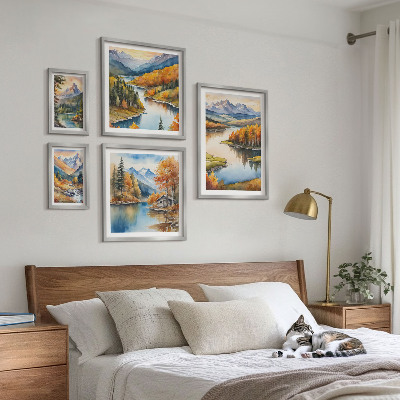 5 paveikslų rinkinys su rėmais Kalnų upės rudens medžiai