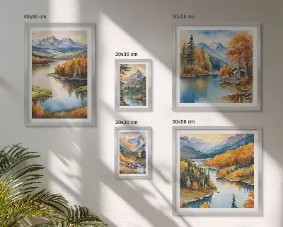 5 paveikslų rinkinys su rėmais kalnų upė ir rudeniniai medžiai