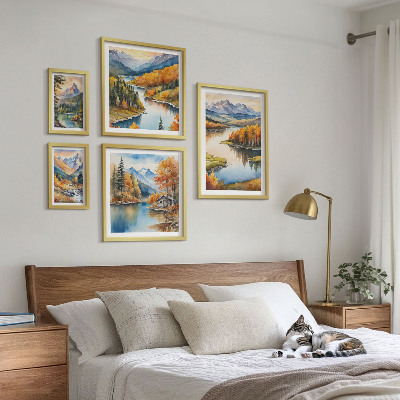5 paveikslų rinkinys su rėmais Kalnų upės rudens medžiai