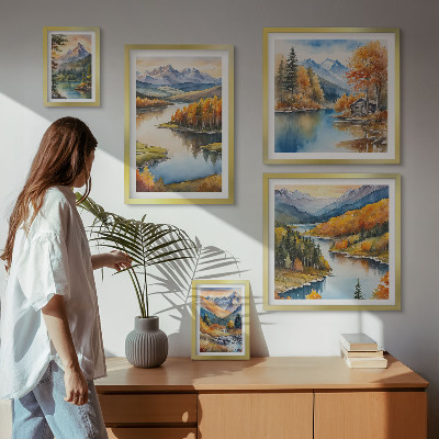 5 paveikslų rinkinys su rėmais Kalnų upės rudens medžiai