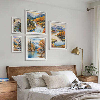 5 paveikslų rinkinys su rėmais Kalnų upės rudens medžiai