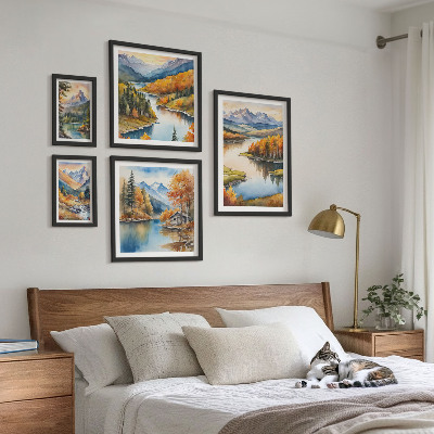 5 paveikslų rinkinys su rėmais Kalnų upės rudens medžiai