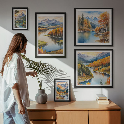 5 paveikslų rinkinys su rėmais Kalnų upės rudens medžiai