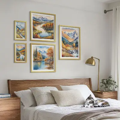 Sieninė paveikslų galerija rudens kalnai, upės ir namai