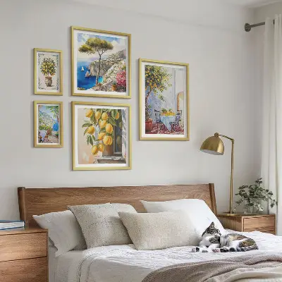 Paveikslų rinkinys miegamajam citrusinių vaisių įkvėptas saulėtas motyvas