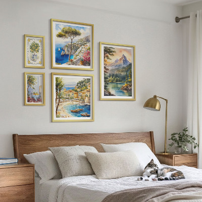 5 paveikslų rinkinys su rėmais Kalnų ir jūros peizažai