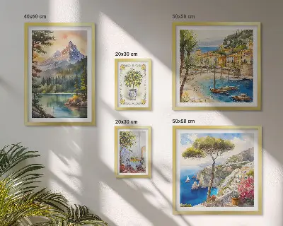 Kalnų ir jūros peizažų paveikslų rinkinys 5 dalių rinkinys su rėmais
