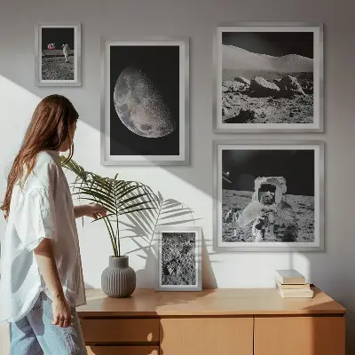Paveikslų rinkinys miegamajam astronautų ir mėnulio peizažų tema