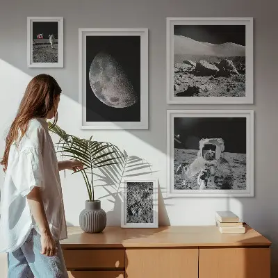 Paveikslų rinkinys miegamajam astronautų ir mėnulio peizažų tema