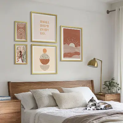 5 paveikslų rinkinys su rėmais boho stiliaus gamtos motyvai su teigiamais šūkiais