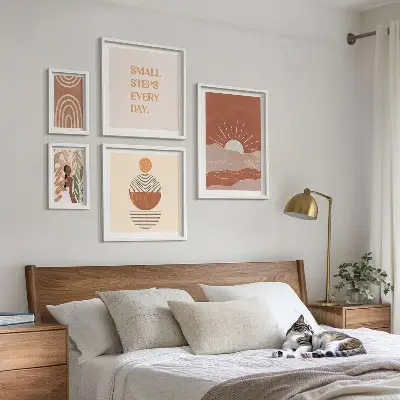 5 paveikslų rinkinys su rėmais boho stiliaus gamtos motyvai su teigiamais šūkiais