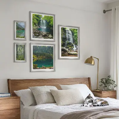 5 paveikslų rinkinys su rėmais miško krioklių peizažas
