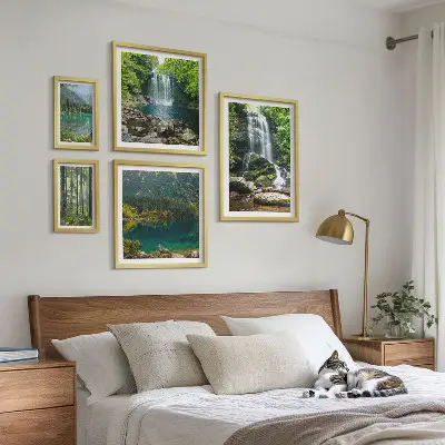 5 paveikslų rinkinys su rėmais miško krioklių peizažas