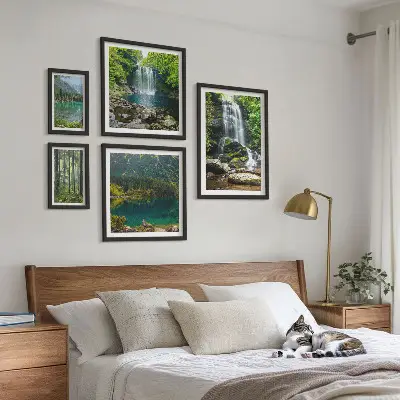 5 paveikslų rinkinys su rėmais miško krioklių peizažas