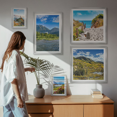 5 paveikslų rinkinys su rėmais Kalnų ir paplūdimių peizažai