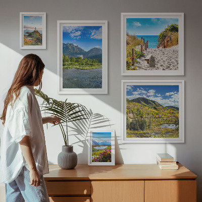 5 paveikslų rinkinys su rėmais Kalnų ir paplūdimių peizažai