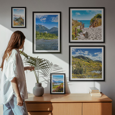 5 paveikslų rinkinys su rėmais Kalnų ir paplūdimių peizažai