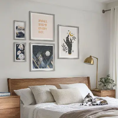 5 paveikslų rinkinys su rėmais boho stiliaus gamtos ir įkvepiančių žinučių motyvai