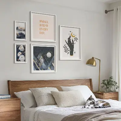 5 paveikslų rinkinys su rėmais boho stiliaus gamtos ir įkvepiančių žinučių motyvai