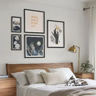 5 paveikslų rinkinys su rėmais boho stiliaus gamtos ir įkvepiančių žinučių motyvai