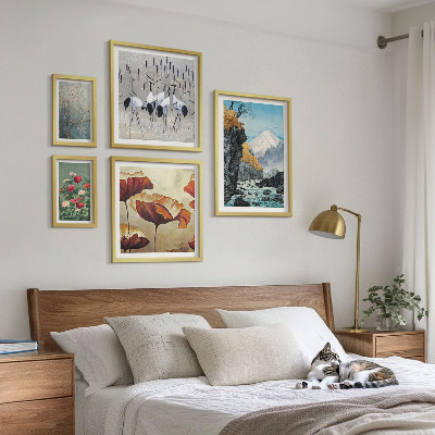5 paveikslų rinkinys su rėmais Peizažai su gėlėmis ir kalnais