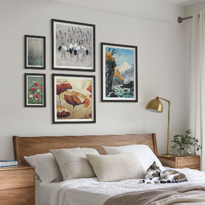 5 paveikslų rinkinys su rėmais Peizažai su gėlėmis ir kalnais