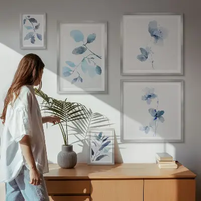 Sienų galerijos rinkinys mėlyni augalų motyvai