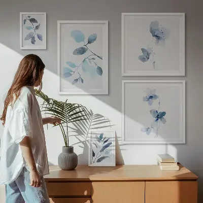 Sienų galerijos rinkinys mėlyni augalų motyvai